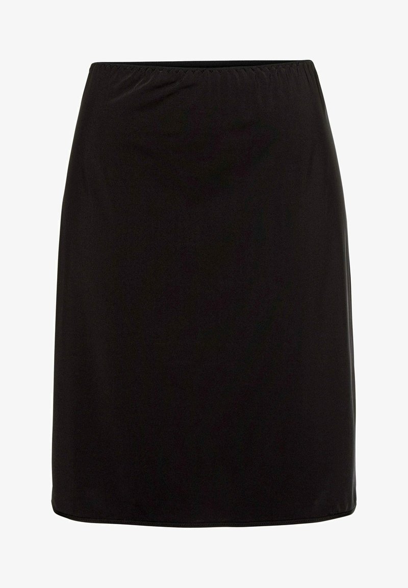 Falda negra con una cintura elástica, hecha de una tela suave. Presenta un corte recto y un diseño a la altura de la rodilla. Sin patrones ni adornos.