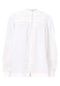 Blusa bianca a maniche lunghe con scollatura arricciata, chiusura frontale con bottoni e tessuto morbido. Presenta dettagli plissettati e maniche a cappuccio.