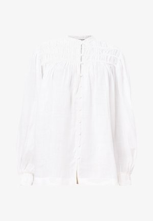 Blusa bianca a maniche lunghe con scollatura arricciata, chiusura frontale con bottoni e tessuto morbido. Presenta dettagli plissettati e maniche a cappuccio.