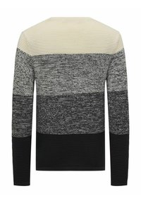 Maglione lavorato a maglia con righe orizzontali in crema, grigio e nero. Texture a costine ai polsini e all'orlo inferiore. Maniche lunghe e colletto rotondo.