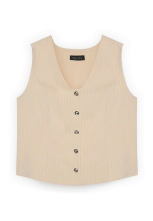 Gilet beige sans manches avec un décolleté profond en forme de U et cinq boutons métalliques sur le devant, fabriqué à partir d'un tissu subtilement texturé.