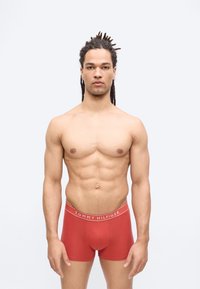 Homme torse nu avec dreadlocks portant un boxer rouge Tommy Hilfiger, debout devant un fond gris clair uni, face à l'avant.