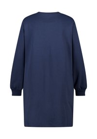 Vêtement bleu marine à manches longues en coton doux, avec un col rond et des poignets élastiqués, au design décontracté.