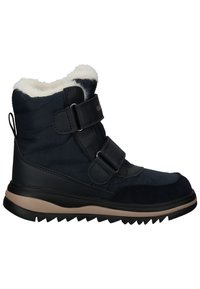Marine-Winterstiefel mit Obermaterial aus Textil, Kunstfellkragen, doppelten Klettverschlüssen und einer robusten schwarzen Gummisohle.