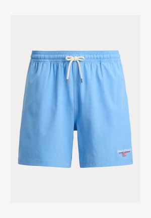 Bañador corto para hombre en azul claro con cinturilla elástica, cordón blanco y pequeño logo de Polo Sport Ralph Lauren en la pierna izquierda.