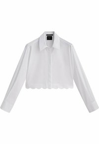 Blouse blanche courte à manches longues, col pointu, ourlet festonné et fermeture à boutons sur le devant. Fabriquée en tissu lisse et léger.