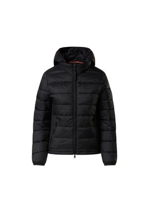 Schwarze Steppjacke mit Reißverschluss vorne und Kapuze. Verfügt über gestepptes Polster, zwei Seitentaschen und verstellbare Bündchen für zusätzliche Wärme.