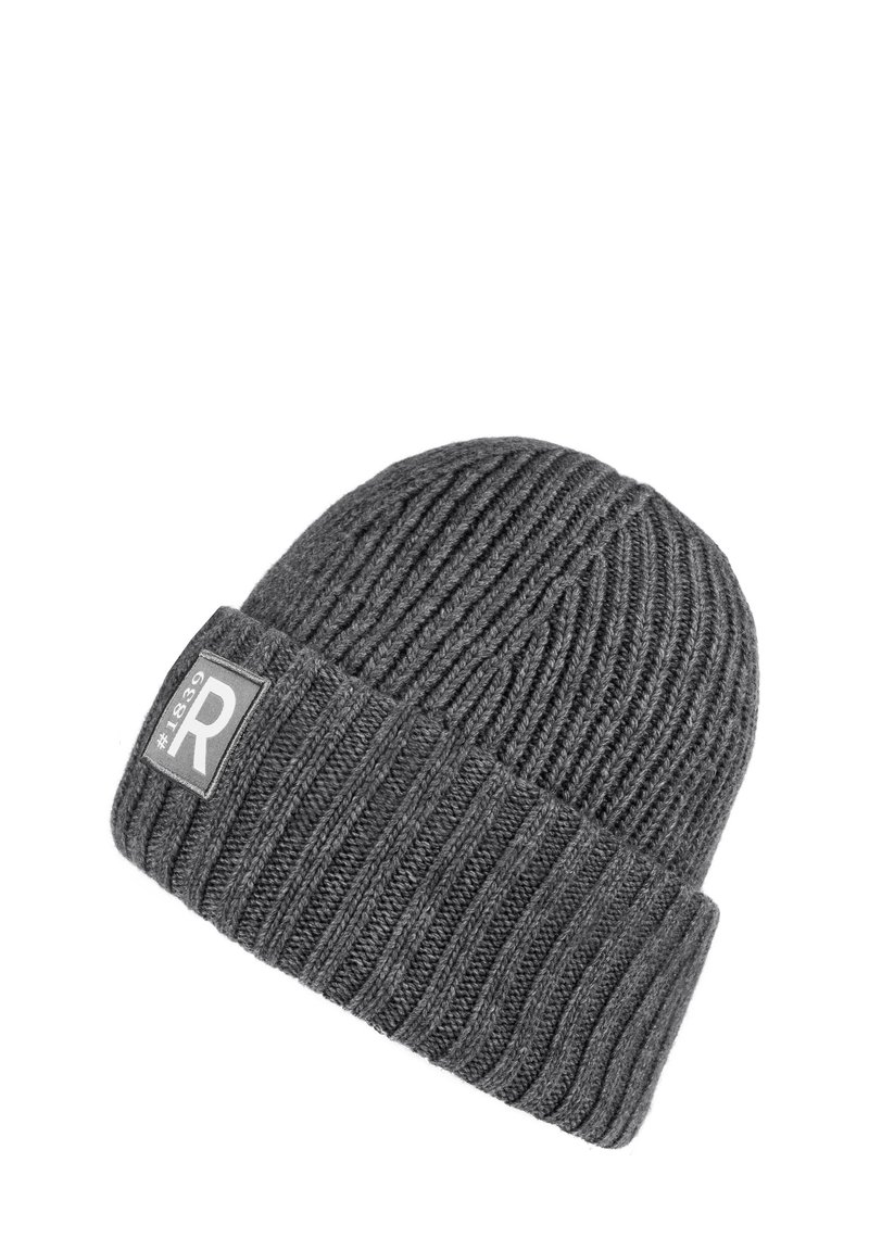 Dark gray ribbed knit beanie with folded cuff and rectangular patch labeled "#1839 R" on cuff's side.