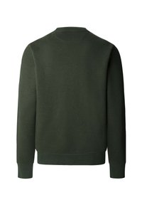 Dunkelgrüner Sweatshirt mit rundem Ausschnitt, langen Ärmeln und gerippten Bündchen und Saum. Der Stoff wirkt weich und hat eine glatte Textur. Schlichtes Design.