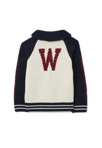 Suéter de punto con un cuerpo color crema, mangas azul marino y un logo de "W" en la parte posterior. Presenta un cuello acanalado y un dobladillo a rayas.