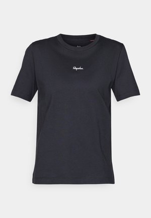 Black short-sleeve t-shirt made of cotton, featuring a round neck and a white "Rapha." logo embroidered on the chest. Smooth texture.