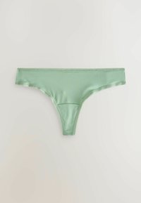 Mätová zelená string bikiny z hladkej látky s minimálnymi švami a elastickým pásom, navrhnuté pre pohodlné nosenie.