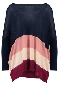 Przeogromny sweter dziany z poziomymi blokami kolorów w odcieniach granatowym, różowym, beżowym i bordowym oraz długimi rękawami.