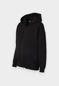 Felpa nera con zip e un ampio cappuccio, realizzata in tessuto morbido, dotata di polsini e orlo a coste, progettata per il comfort e l'abbigliamento casual.