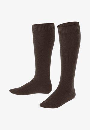 Braune knielange Socken aus einem glatten, elastischen Material mit gerippten Bündchen. Das Design ist nahtlos und hat eine einheitliche Textur.