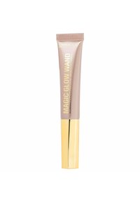 Tubetto color beige chiaro con un cappuccio dorato, etichettato "Magic Glow Wand", caratterizzato da un design elegante e una texture liscia. Nessun motivo visibile o dettagli hardware.