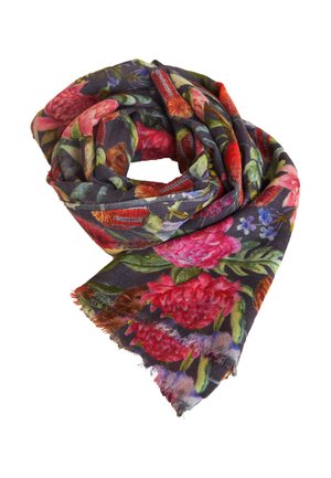 Floral-patterned scarf in dark fabric with vibrant pink, red, and green hues. Soft texture with fringed edges, displaying intricate flower designs.