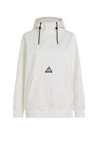 Witte windjack met een capuchon, trekkoord, voorzak, elastische manchetten en zoom. Bevat een driehoekige logo patch op de borst.
