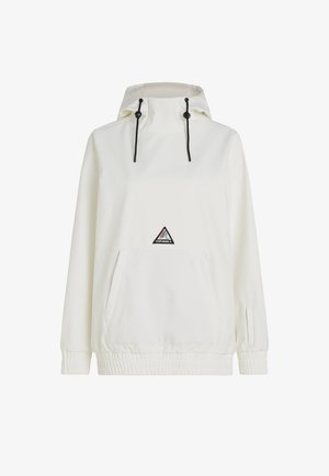 Hvit vindjakke med hette, snorjustering, frontlomme, elastiske mansjetter og nederkant. Har et trekantet logo-patch på brystet.