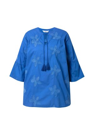 Niebieska bawełniana tunika z rękawami do trzech czwartych w kształcie dzwonu, z tonowym haftem kwiatowym oraz detalem w postaci wiązania z frędzlami z przodu.