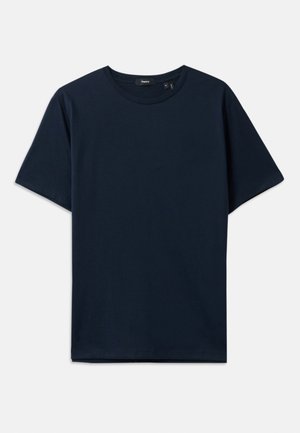 Mørkeblå bomulds T-shirt med korte ærmer, rund halsudskæring og afslappet pasform. Minimalistisk design uden synlige mønstre eller detaljer.