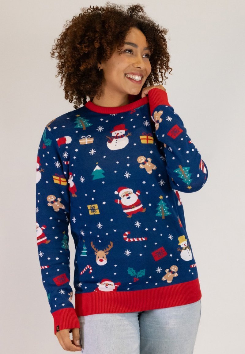 Blue Christmas sweater featuring Santa, reindeer, gifts, and trees. Red ribbed collar and cuffs. Made from soft fabric with a festive pattern.