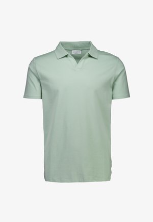 Lichtgroen katoenen poloshirt met korte mouwen. Heeft een zachte textuur, een kraag met een V-hals ontwerp en geen zichtbare patronen of accenten.
