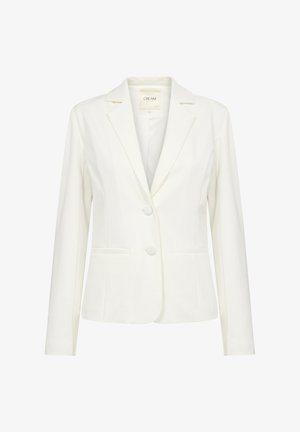 White blazer made of a smooth fabric, featuring a notched lapel, two buttons, and two front pockets. Classic and tailored design.