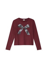 Bordowa koszula z długimi rękawami z dużą grafiką srebrnej wstążki z kropkami na środku, wykonana z miękkiej bawełny.