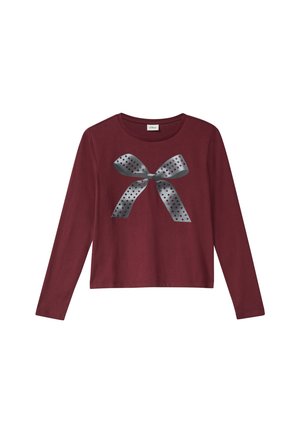 Bordeaux lange mouwen shirt met een grote zilveren lintafbeelding met stippen in het midden, gemaakt van zacht katoen.