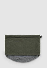 Scaldacollo in pile grigio scuro e verde, dotato di un toggle regolabile, progettato per offrire comfort e protezione in condizioni di freddo.