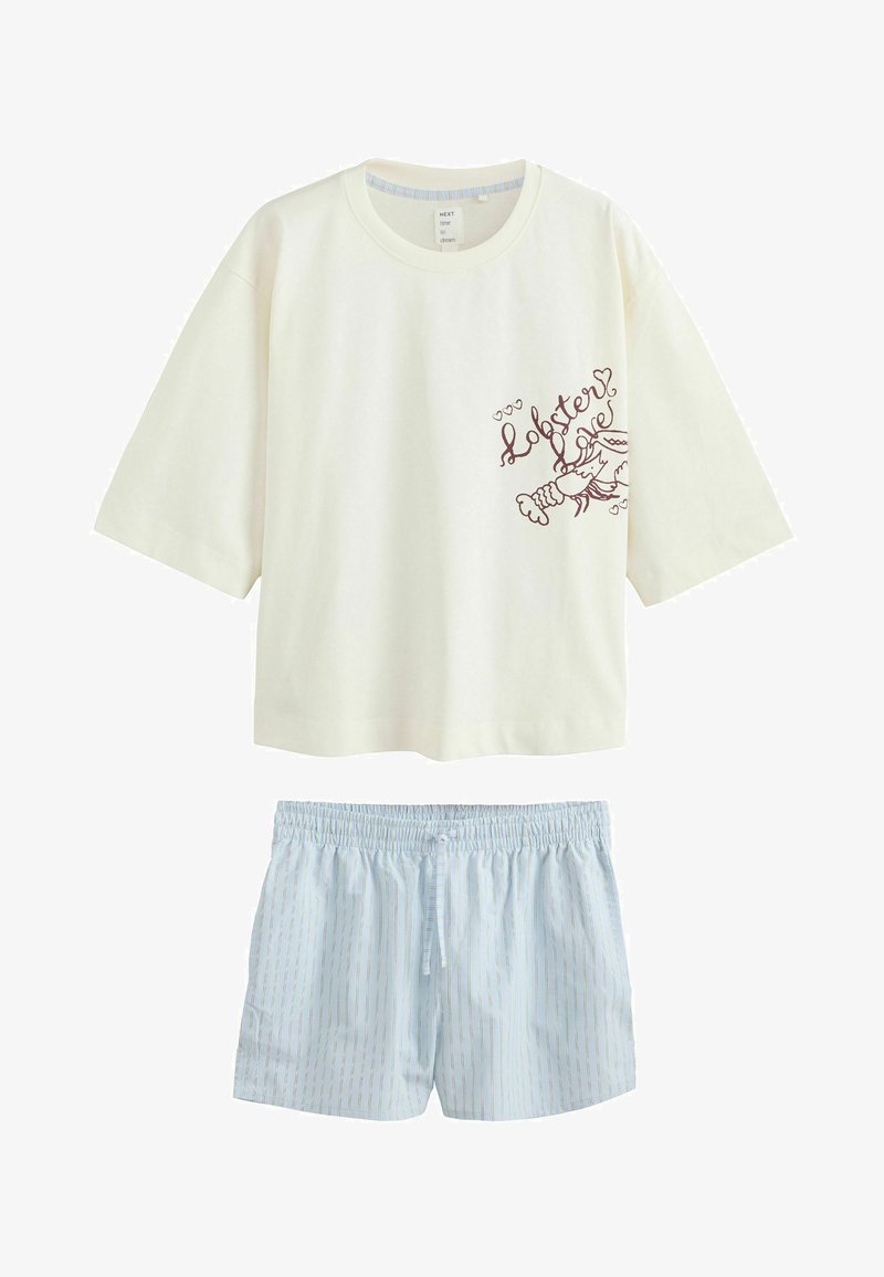 Haut blanc à manches courtes avec un homard et le texte « Lobster love », associé à un short bleu clair rayé à taille élastique.