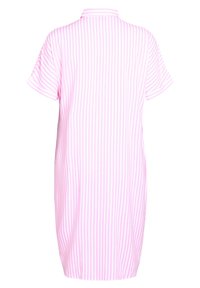 Short-sleeve, collar dress in light pink with vertical white stripes. Loose fit and falls to mid-thigh. Smooth fabric texture.