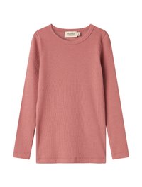 Long-sleeve ribbed pink shirt for children with a round neckline, shown flat with visible brand label inside collar.