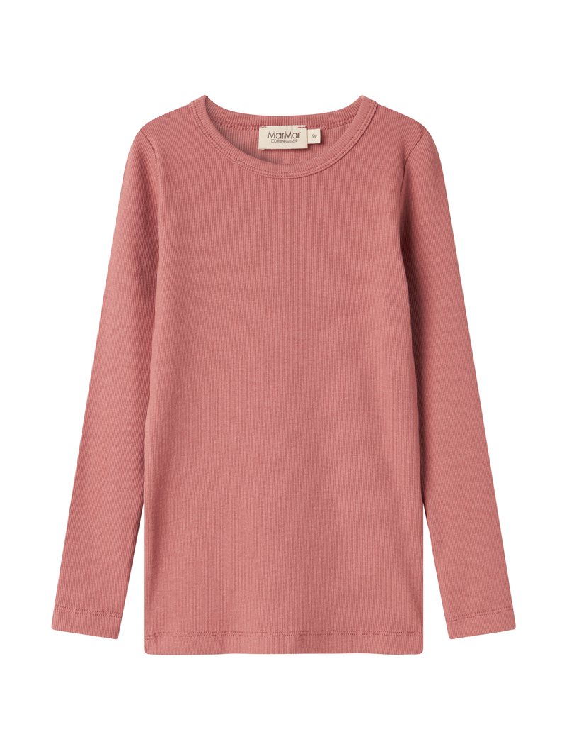 Long-sleeve ribbed pink shirt for children with a round neckline, shown flat with visible brand label inside collar.