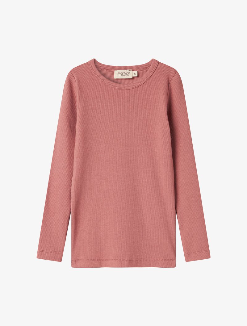 Long-sleeve ribbed pink shirt for children with a round neckline, shown flat with visible brand label inside collar.