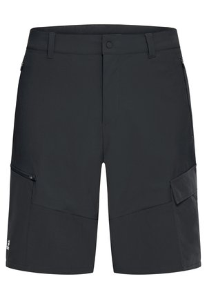 Shorts cargo noirs avec une texture lisse, une poche latérale zippée, et un panneau en tissu contrastant sur le bas de la jambe. Dotés d'une fermeture à boutons.