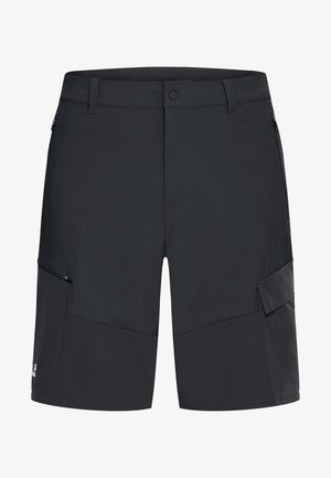 Shorts cargo noirs avec une texture lisse, une poche latérale zippée, et un panneau en tissu contrastant sur le bas de la jambe. Dotés d'une fermeture à boutons.
