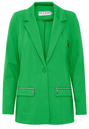 Bright green blazer with a fitted design, notched lapel, single button closure, and two zippered front pockets. Made from smooth fabric.