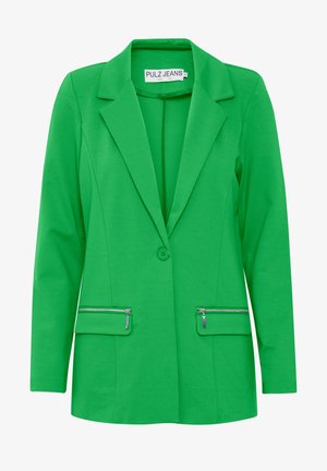 Jasnozielona marynarka o dopasowanym kroju, z klapami w szpic, zapinana na jeden guzik, z dwiema przednimi kieszeniami na zamek. Wykonana z gładkiego materiału.