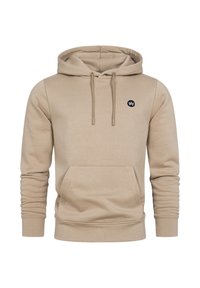 Beige mikina s kapucí z měkké látky, obsahuje klokaní kapsu, nastavitelné šňůrky a malé černé logo na hrudi.