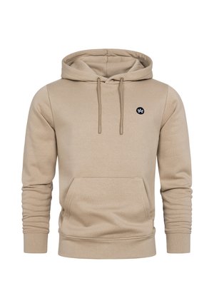 Béžová mikina s kapucňou vyrobená z jemného materiálu, má klokaní vrecko, nastaviteľné šnúrky a malú čiernu logo na hrudi.
