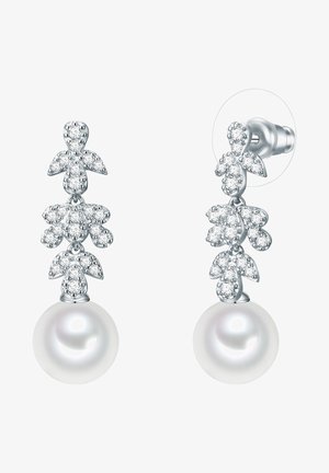 Cercei din argint cu un design floral, împodobiți cu pietre prețioase clare și un drop de perlă albă luminoasă, cu o textură netedă, eleganță clasică.
