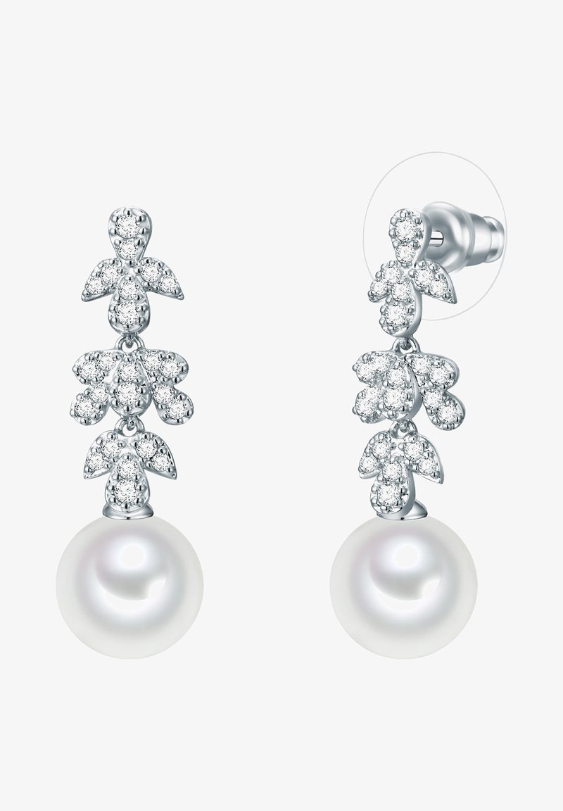 Srebrni uhani z cvetličnim vzorcem, ki vključujejo prozorne gemme in sijočo belo biserno kapljico, gladka tekstura, klasična eleganca.