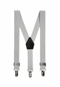 Graue elastische Hosenträger mit Chevron-Muster, ausgestattet mit Metallclips und einer zentralen Unterstützung aus schwarzem Leder.