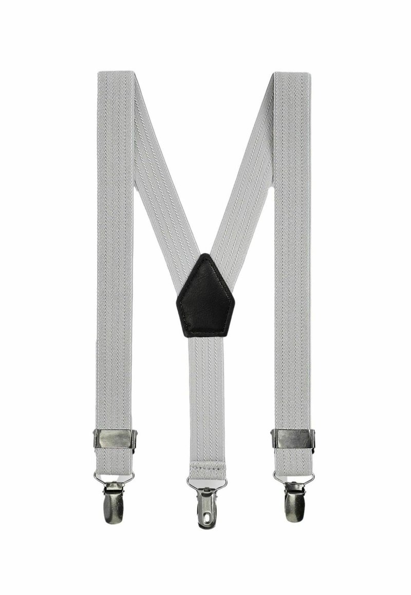 Graue elastische Hosenträger mit Chevron-Muster, ausgestattet mit Metallclips und einer zentralen Unterstützung aus schwarzem Leder.