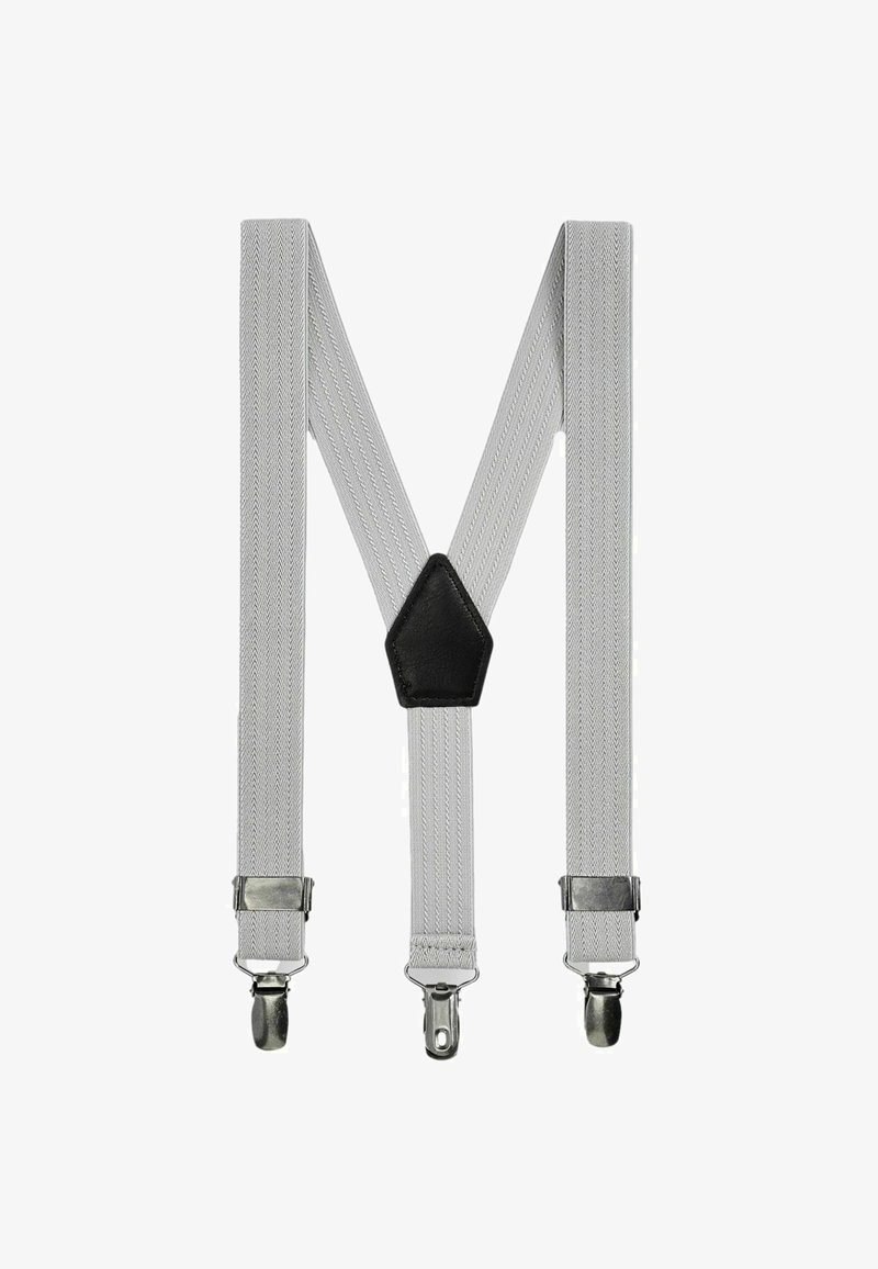 Grå elastiske seler med et chevron-mønster, udstyret med metalclips og en sort lædercentermateriale.