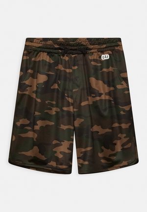 Pantalones cortos deportivos con estampado de camuflaje, cintura elástica, cordón ajustable, bolsillos laterales y pequeño logo de GAP en el lado derecho delantero.