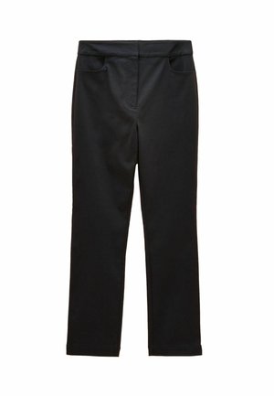 Schwarze Hose mit geradem Bein, vorderen Taschen und tailliertem Bund, auf weißem Hintergrund dargestellt.