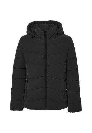 Black puffer jacket with a hood, featuring quilted design, front zipper closure, and side pockets. Smooth, insulated fabric texture.